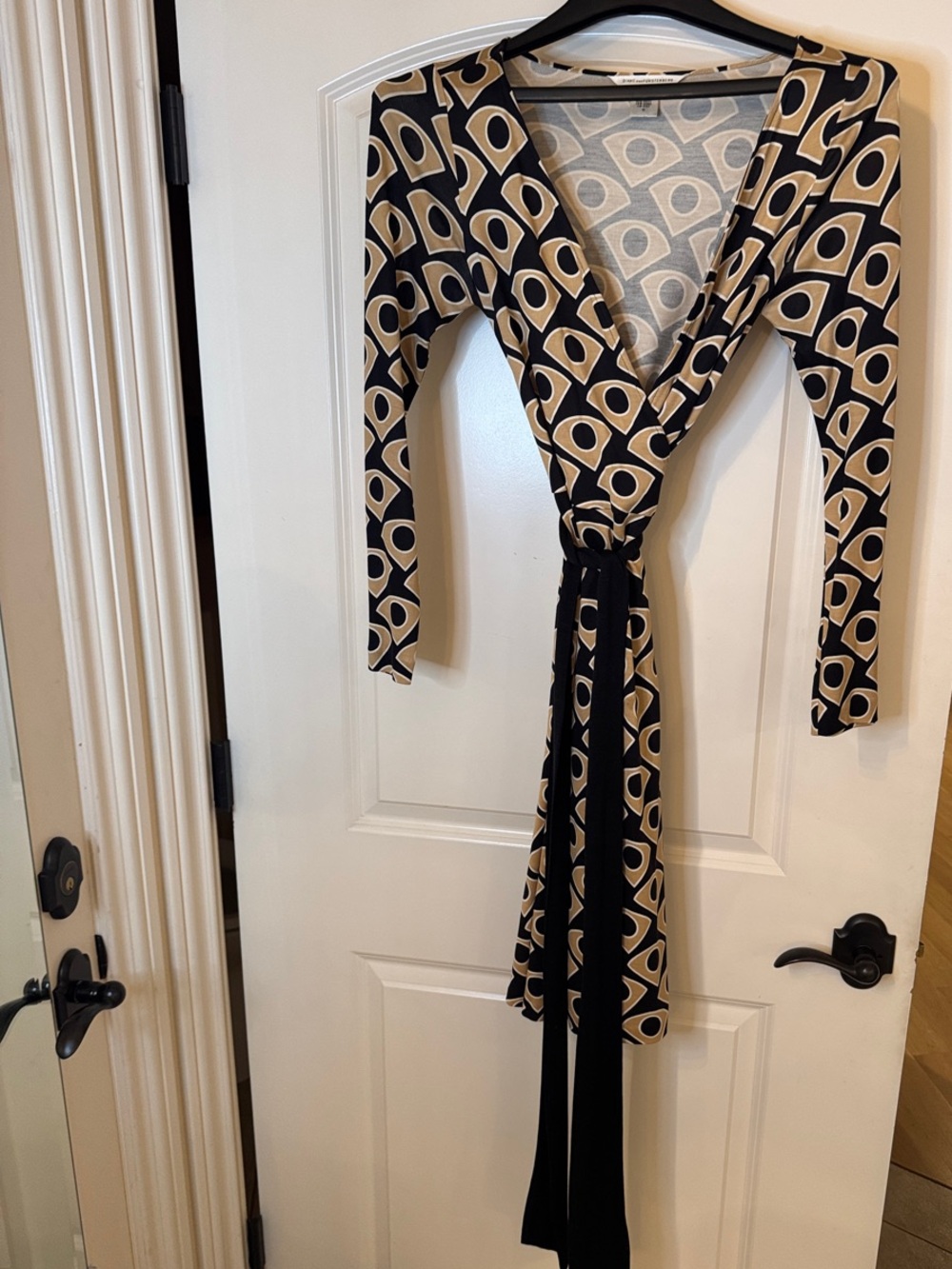 Diane Von Furstenberg Black and Beige Geometric Wrap Dress